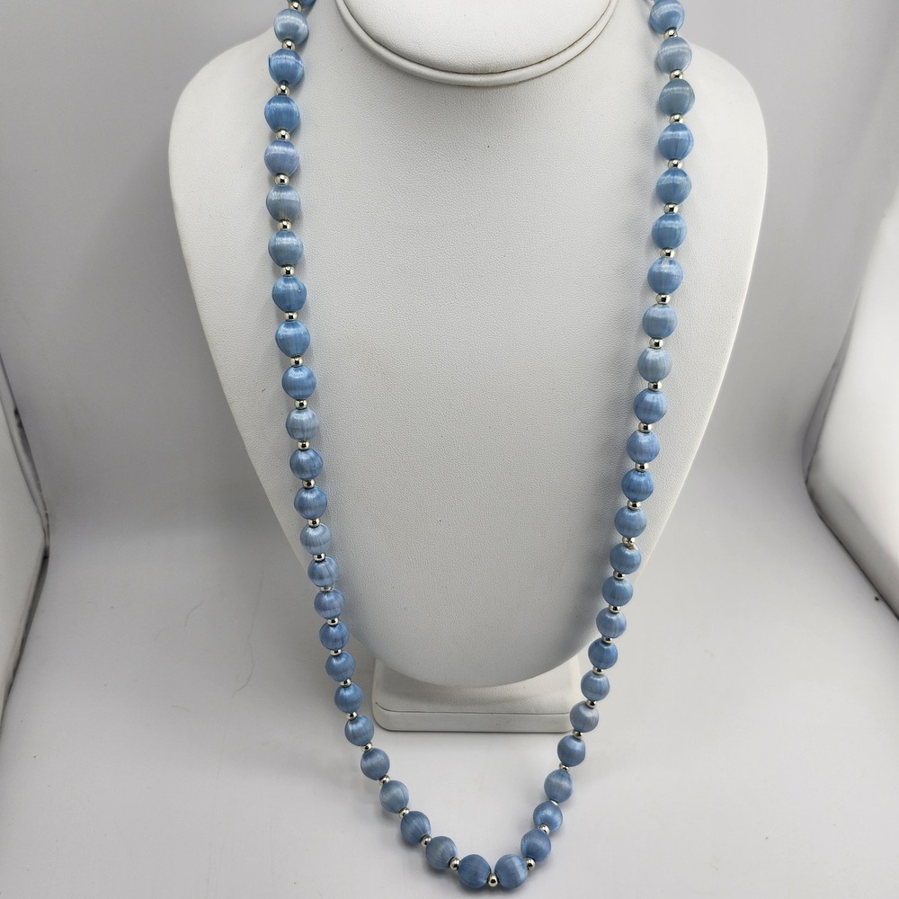 Vintage Light Blue Silver Tone Station Silk Satin Thread Beaded Necklace Jewelry